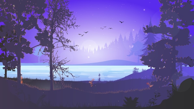 夜の森 夜の川と森の風景 森の中の夜 森の夜明け 星と空 広告バナーや背景の美しい夜明けのイラスト プレミアムベクター