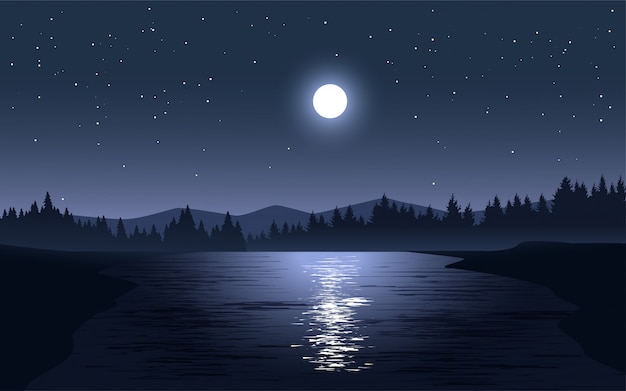 Premium Vector Night Illustration With Full Moon And Stars