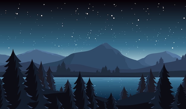 Premium Vector | Night lake landscape flat illustration. mountain ...