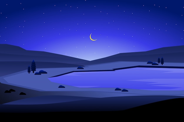 Premium Vector | Night landscape and blue sky with mountain background ...