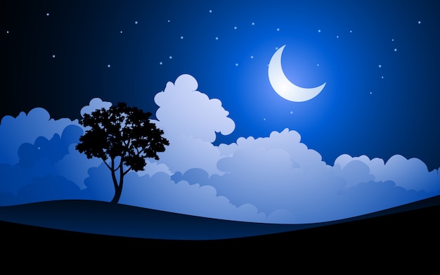木のシルエット 月と曇り夜の空と夜の風景イラスト プレミアムベクター