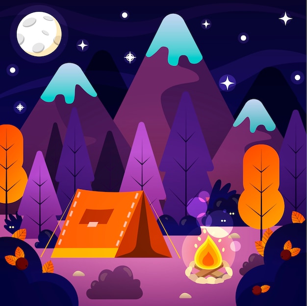 テント キャンプファイヤー 山 夜空の夜の風景イラスト 夏のキャンプ 自然観光 キャンプやハイキングのデザインコンセプトのコンセプト プレミアムベクター
