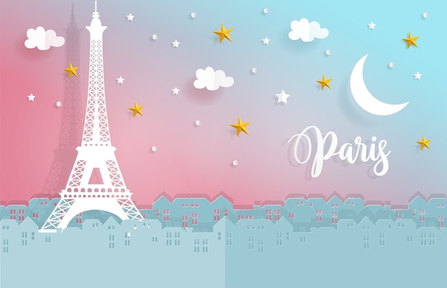 Night in paris with city and eiffel tower in paper cut style Premium Vector