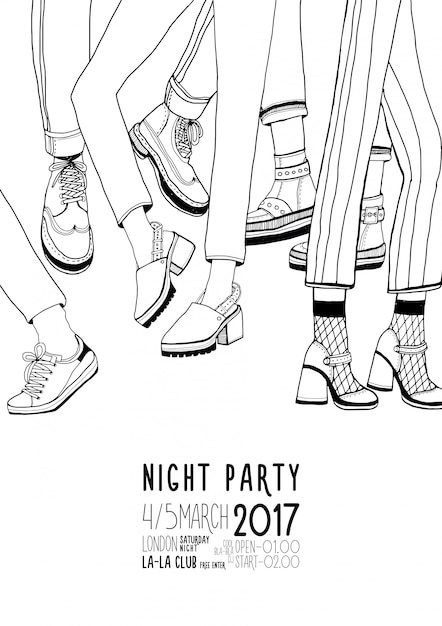 夜のパーティーは ダンスの足で描かれた輪郭ポスターを手します ダンス イベント フェスティバルイラストプラカード プレミアムベクター