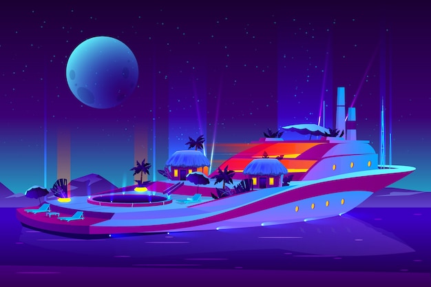 将来のフローティングホテル クルーズ船 ヨット漫画コンセプトの夜のパーティー 無料のベクター
