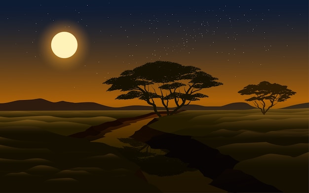 満月と川の夜景イラスト プレミアムベクター