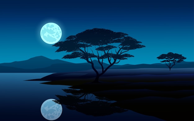 月と川の夜景イラスト プレミアムベクター