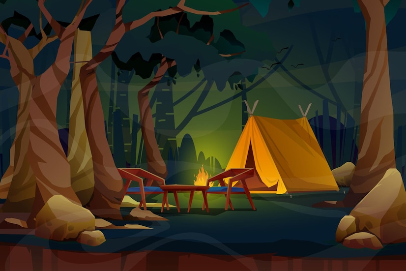 Premium Vector | Night scene with tent on green meadow with campfire