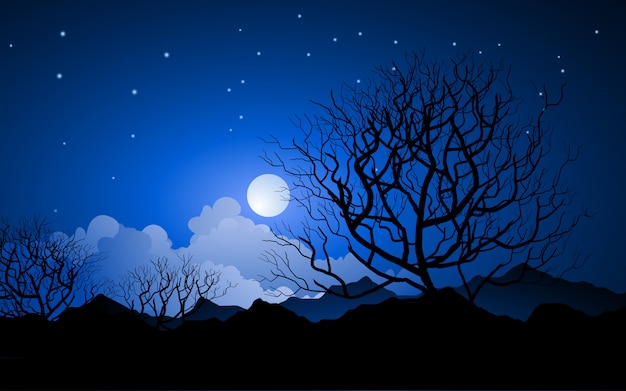 Premium Vector | Night vector landscape with full moon and bare trees ...