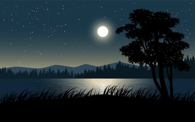 Premium Vector Night View In The Riverside With Moon And Stars