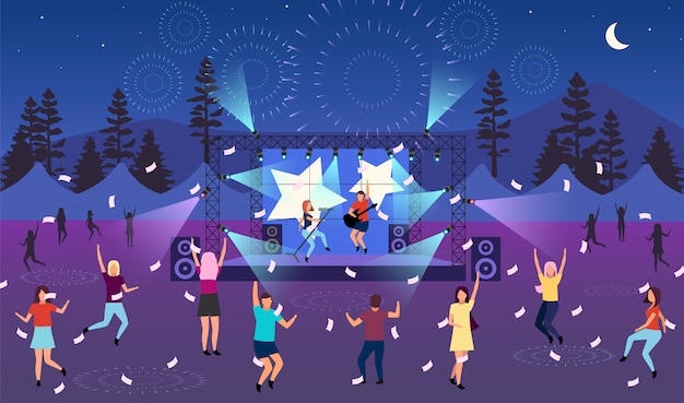 夜間の音楽祭のイラスト 野外ライブ ロック ポップミュージシャンのコンサート 公園でのパーティー キャンプ 夏の楽しい野外活動 ダンスの漫画のキャラクター プレミアムベクター