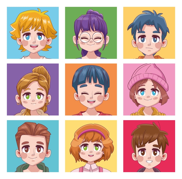 9人のかわいい若者のティーンエイジャーのマンガアニメキャラクターのイラスト プレミアムベクター