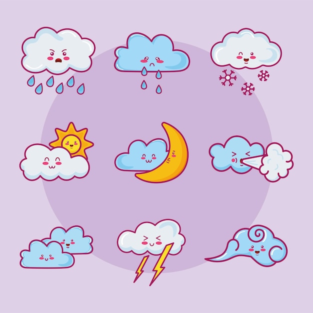 Premium Vector | Nine kawaii clouds characters