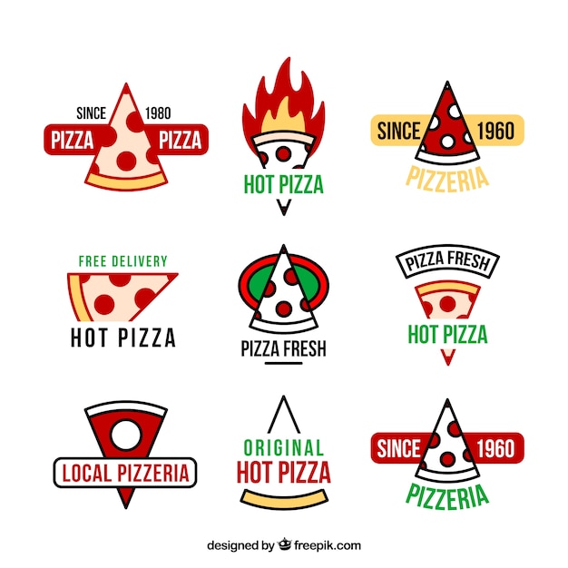 Nine logos for pizza on a white\
background