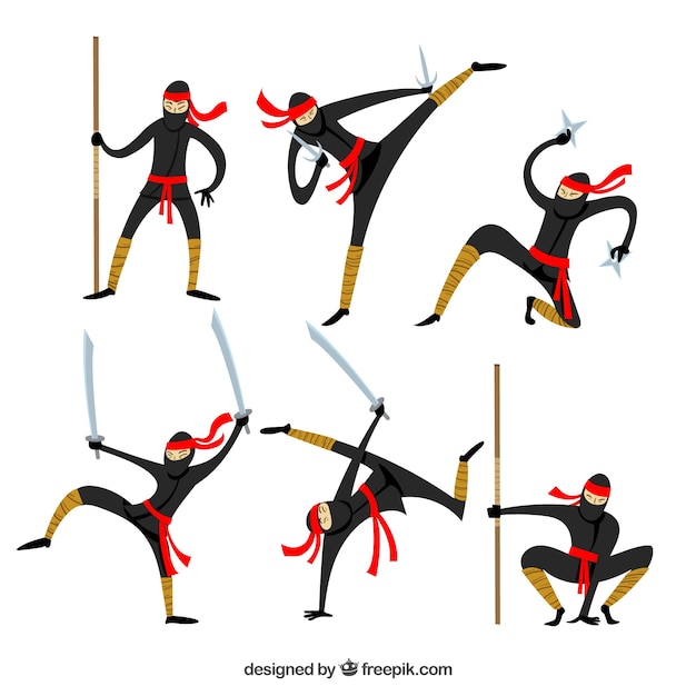 Ninja character in different poses with flat
design