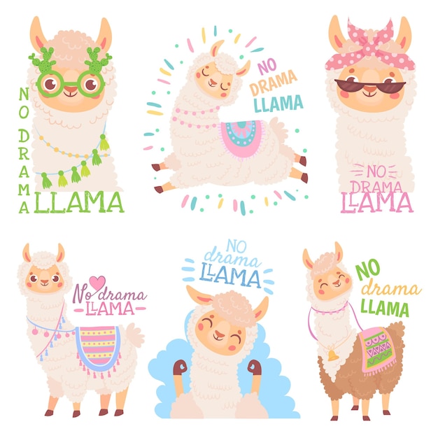 Download Premium Vector No Drama Llama Funny Llamas Or Cute Alpacas Quote Happy Mexican Alpaca Vector Illustration Set Collection Of Adorable Fluffy Domestic South American Or Andean Animals Bundle Of Amusing Crias