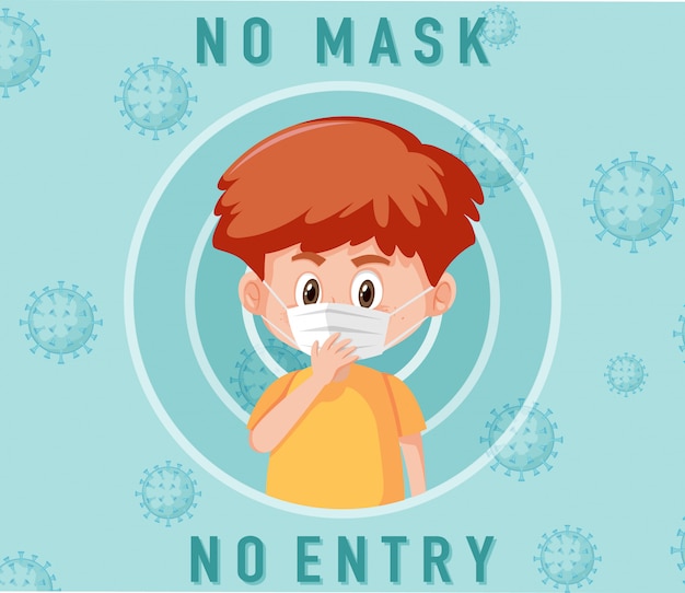 かわいい男の子の漫画のキャラクターのマスクなしの進入禁止の標識 プレミアムベクター