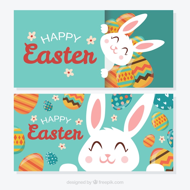 Cute easter bunny happy banners 無料ベクター