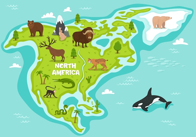 Premium Vector | North american map with wildlife animals