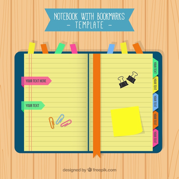 Notebook with colored bookmarks