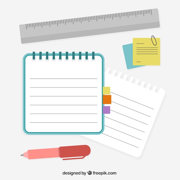 Notebook with pen and ruler Free Vector