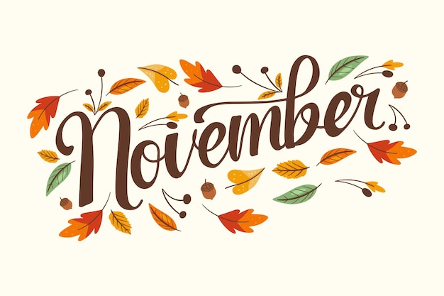 Premium Vector | November hand lettering with autumn leaves hand drawn ...