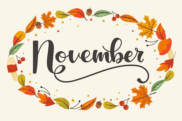 Premium Vector | November hand lettering with autumn leaves hand drawn ...
