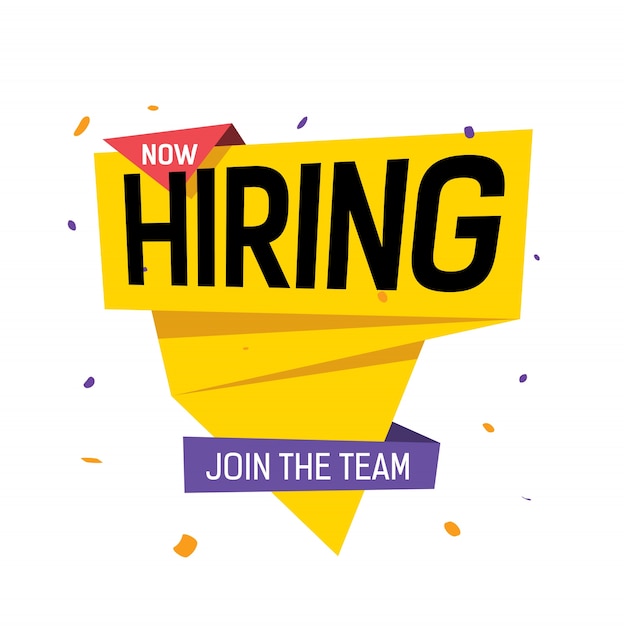 Now hiring, join the team lettering on yellow origami speech bubble ...