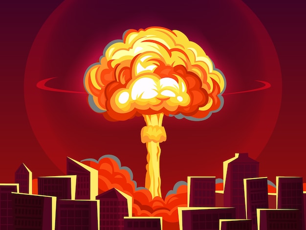 市内の核爆発 原爆 爆弾爆発のキノコ雲 戦争破壊漫画イラスト プレミアムベクター