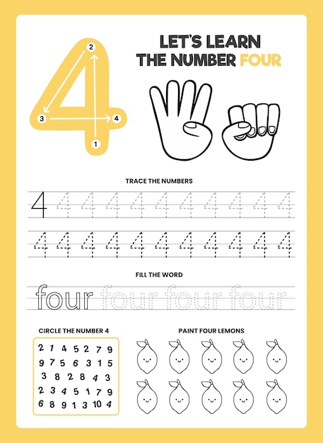 Free Vector | Number 4 worksheet template