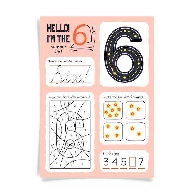 free-vector-number-6-worksheet-with-little-flowers