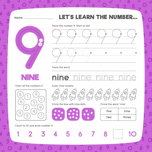 Free Vector | Number 9 worksheet template