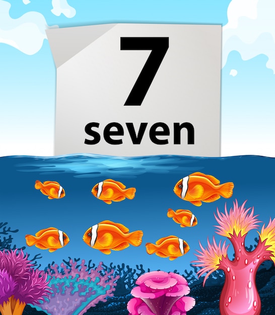 Premium Vector | Number seven with seven fish swimming in the sea