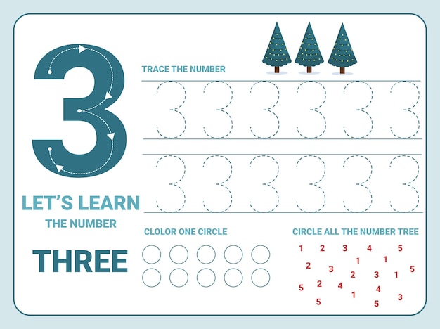 Premium Vector Number Three Tracing Practice Worksheet With 3 Christmas Trees For Kids Learning To Count And Write Worksheet For Learning Numbers