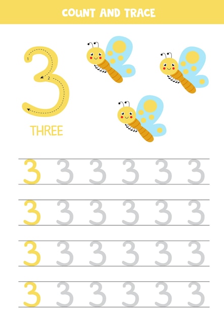 Premium Vector | Number tracing worksheet. writing number three. cute ...