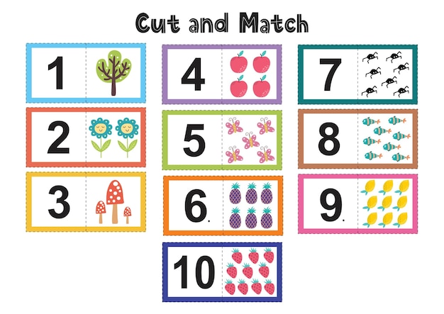 子供のための数字のフラッシュカード 色で写真を切り取り 数字と一致させます 幼児のための面白い教育ゲーム 数学のフラッシュカード プレミアムベクター