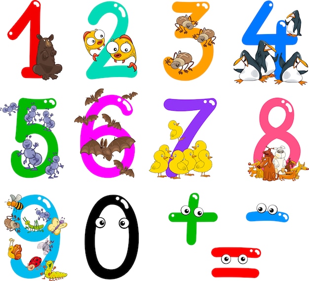 Numbers with cartoon animals | Premium Vector