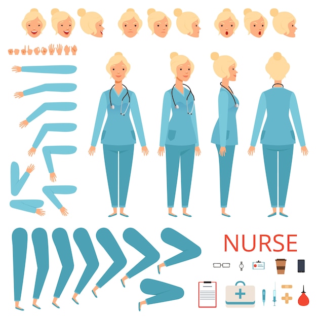 Nurse animation character. hospital female doctor body parts and professional items mascot creation 