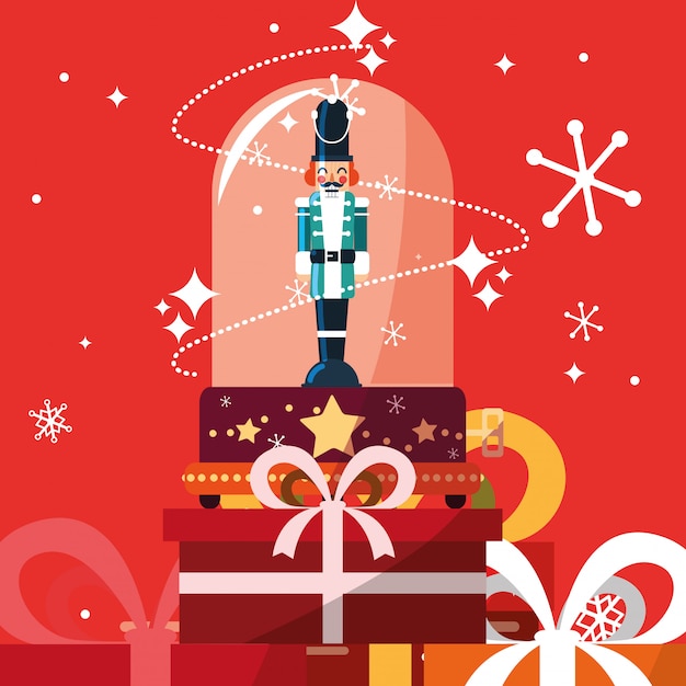 Nutcracker soldier in crystal sphere with gift boxes presents Premium Vector