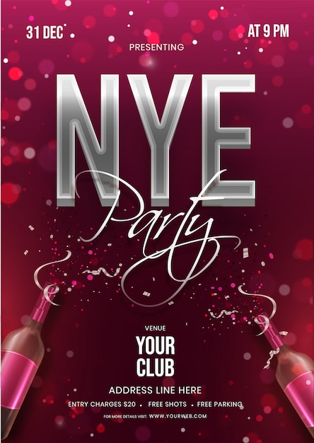 Premium Vector Nye Party Invitation Card Or Flyer With Champagne Bottle And Event Details On Burgundy Bokeh Background