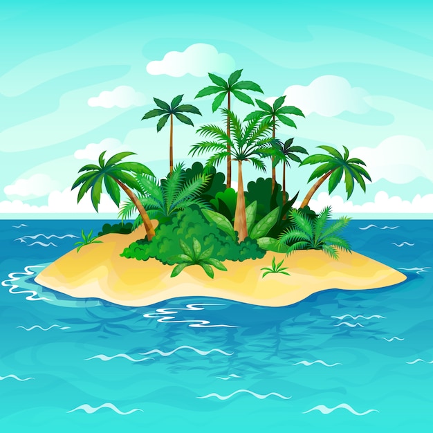 海の島の漫画 ヤシの木海無人島空砂ビーチ太陽パノラマビュー孤独熱帯自然の図 プレミアムベクター