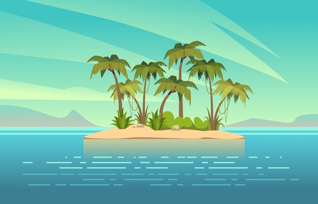 Ocean island cartoon. tropical island with palm trees summer landscape