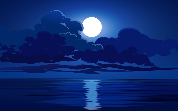 Premium Vector Ocean At Night Moon And Clouds