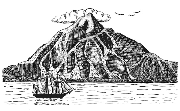 海または海の船 火山または山の横にある帆 手描きの風景イラスト刻まれた海賊 プレミアムベクター