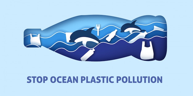 Ocean plastic pollution in paper cut and craft style. | Premium Vector