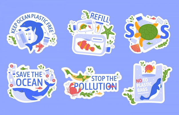 Premium Vector Ocean Pollution With Plastic Protecting Marine Wildlife Eco Problem Creative Concept Turtle Dolphin And Blue Whale Stuck In Plastic Ecological Illustration Set Ecology Slogans