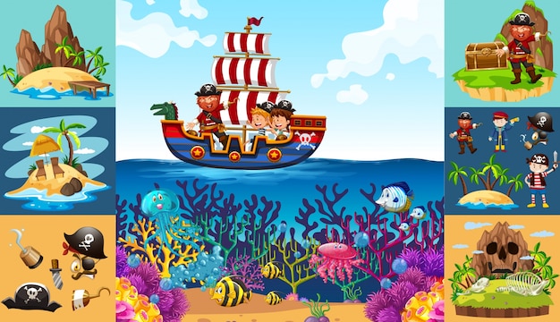 Ocean scenes with pirate on ship