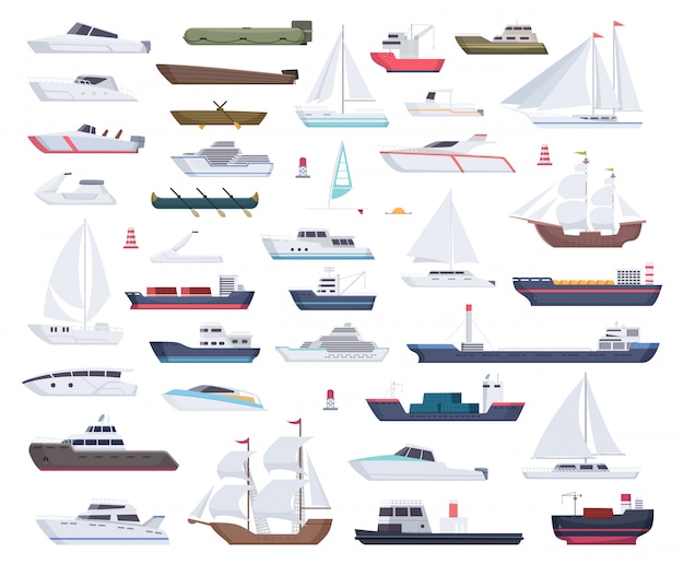 海の船 ヨット帆船と旅行の大小の船の漫画コレクション プレミアムベクター