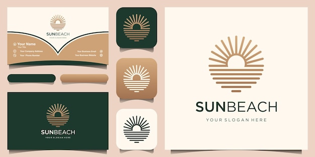 Ocean sun wave logo design template and business card design Premium Vector