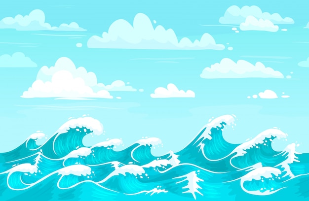 海の波の背景 海の水 嵐の波 アクアシームレスな漫画のベクトルの背景イラスト プレミアムベクター
